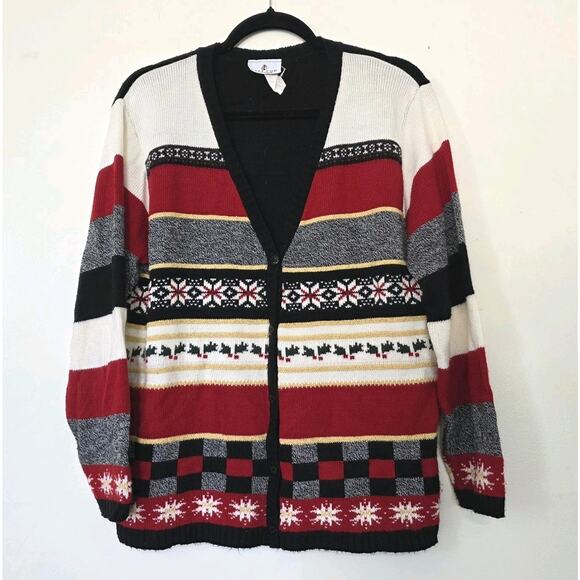 Vtg Fair Isle Sweater Womens L Christmas Cardigan Snowflakes Red Black Classic - Picture 1 of 8